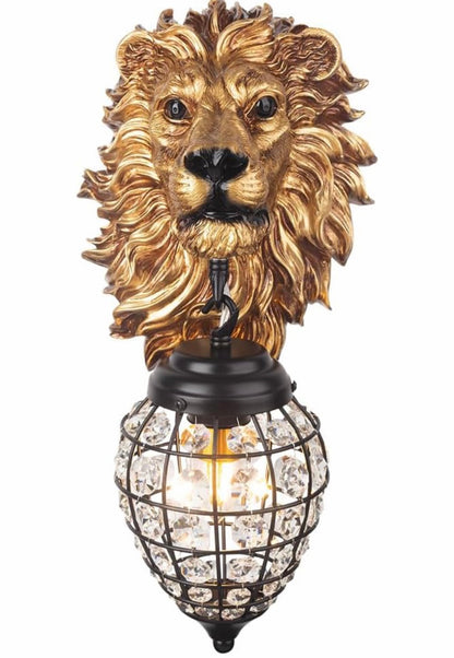 Lion Head Wall Decor Sconces Wall Lighting Retro Baroque Crystal Sconce Gold Luxury Wall Lights Fixtures for Living Room Bedroom Bedside Stairs Bathroom Mirror Headlights Lamp, E26 (B)