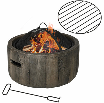 Outdoor Fire Pit, 18 Inch Metal Wood Burning Fireplace with Spark Cover, Poker, Woodgrain Design for Patio, Picnic, Backyard, Dark Brown