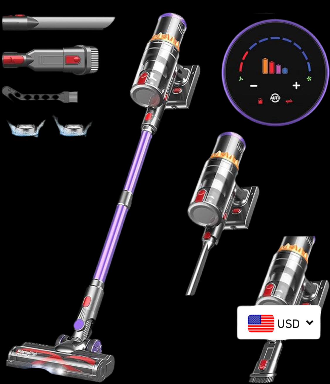 Cordless Vacuum Cleaner, 500W/40Kpa Stick Vacuum with Smart Display, Max 60Mins Runtime & Auto Mode, Anti-Tangle Vacuum Cleaner for Home, Lightweight Vacuum for Pet Hair Carpet Hardwood Floor