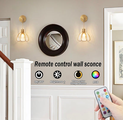 Battery Operated Wall Sconces Set Of Two, Indoor Not Hardwired Battery Wall Light With Remote Control, RGB Color Changing Dimmable Battery Powered Wall Lamp For Bedroom, Easy To Install, Bulb Included