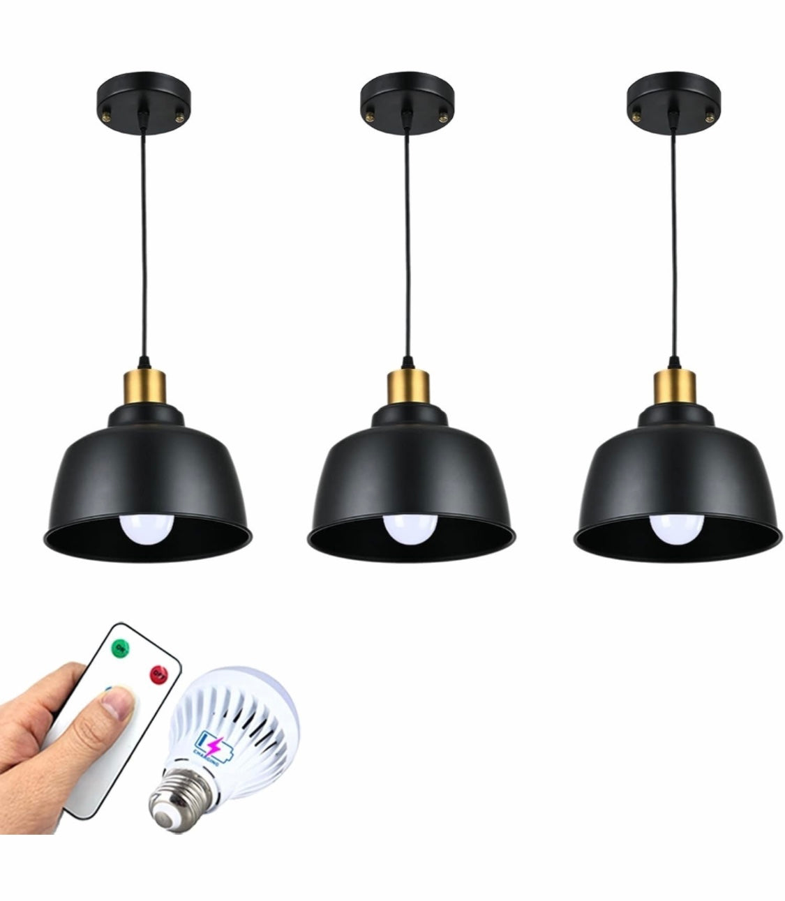 Battery Operated Hanging Light with Remote-3 Pack Pendant Lighting for Kitchen Island,Battery Operated Chandelier with Rechargable Light Bulbs (Color : Black)