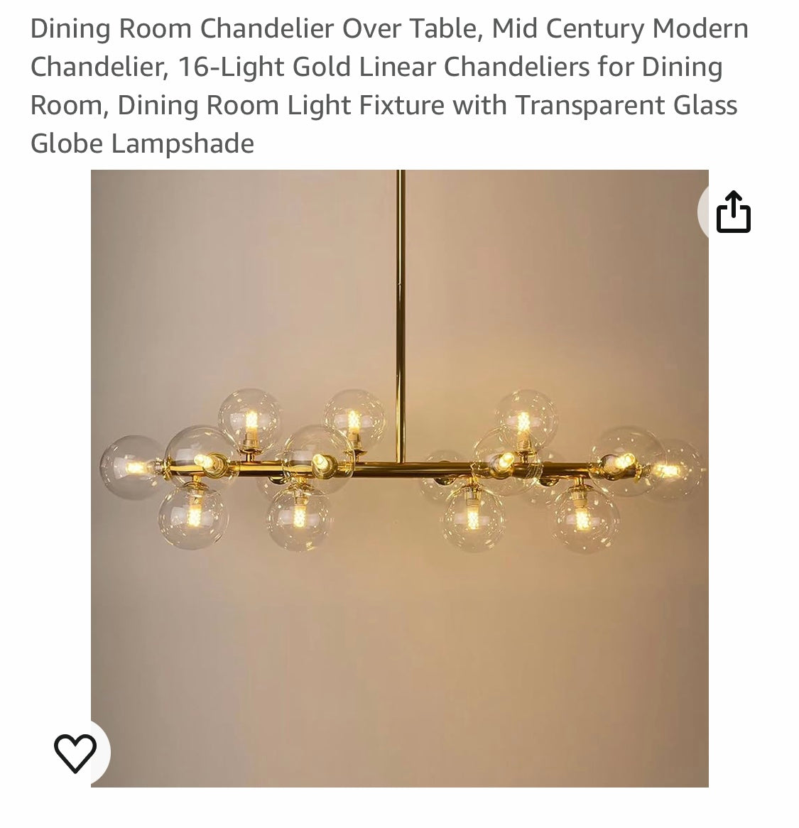 Dining Room Chandelier Over Table, Mid Century Modern Chandelier, 16-Light Gold Linear Chandeliers for Dining Room, Dining Room Light Fixture with Transparent Glass Globe Lampshade