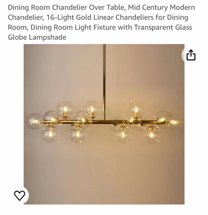 Dining Room Chandelier Over Table, Mid Century Modern Chandelier, 16-Light Gold Linear Chandeliers for Dining Room, Dining Room Light Fixture with Transparent Glass Globe Lampshade