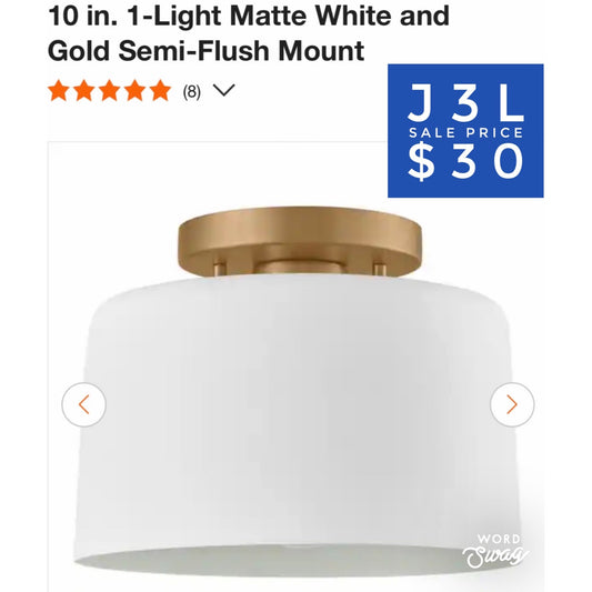10 in. 1-Light Matte White and Gold Semi-Flush Mount