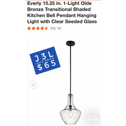Everly 15.25 in. 1-Light Olde Bronze Transitional Shaded Kitchen Bell Pendant Hanging Light with Clear Seeded Glass