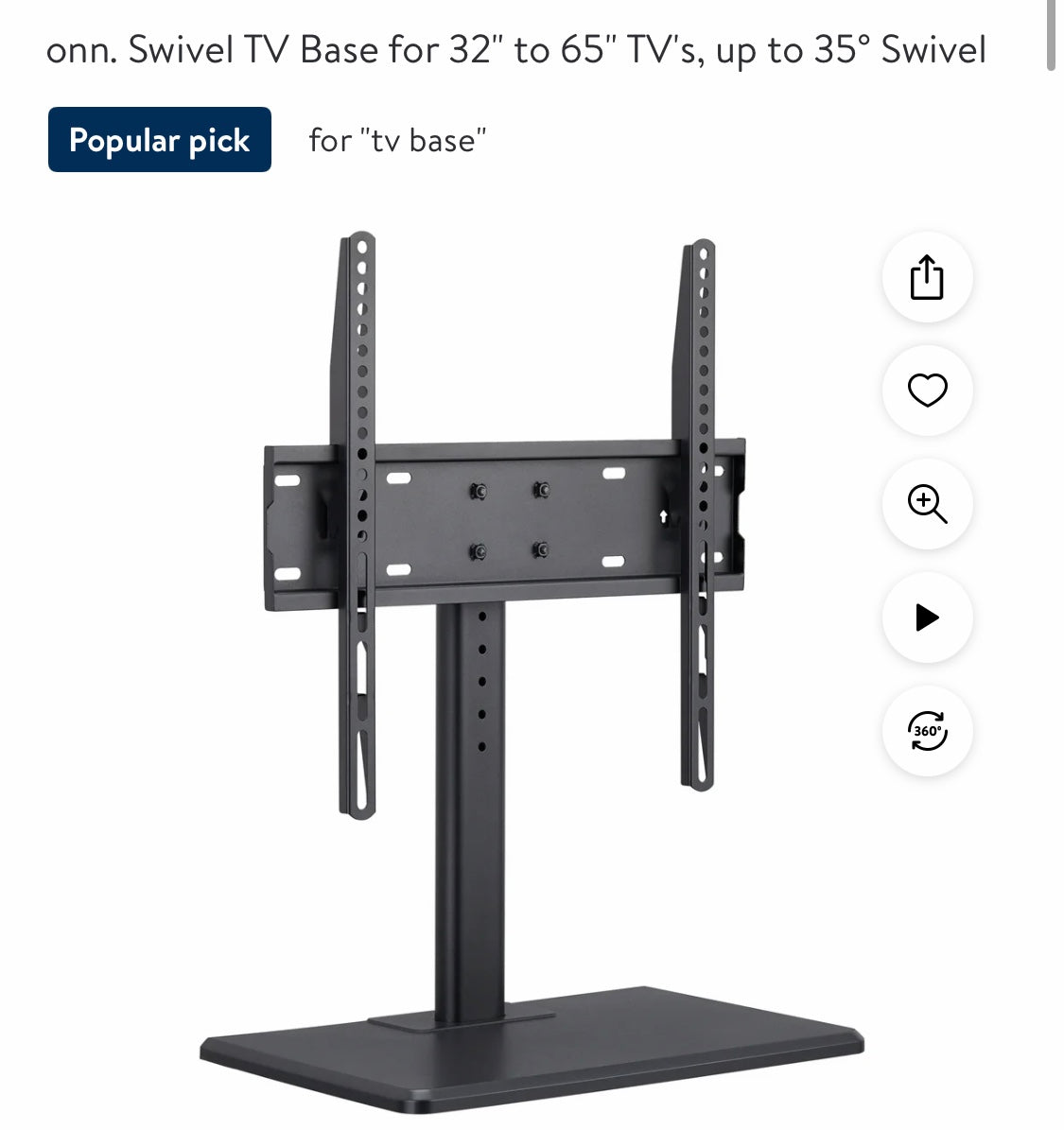 onn. Swivel TV Base for 32" to 65" TV's, up to 35° Swivel (missing screws for anti-slip strap)