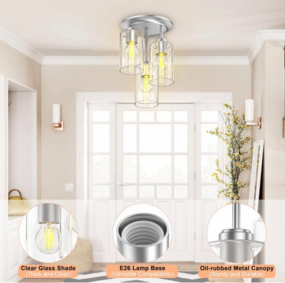 Ceiling Light Fixture, Semi Flush Mount Ceiling Light Fixture, Light Fixtures Ceiling Mount, 3-Light Silver Light Fixtures Ceiling Mount for Kitchen Dining Room Hallway Foyer (Silver)