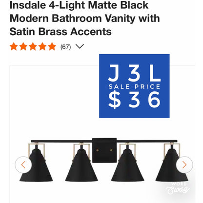 Insdale 4-Light Matte Black Modern Bathroom Vanity with Satin Brass Accents