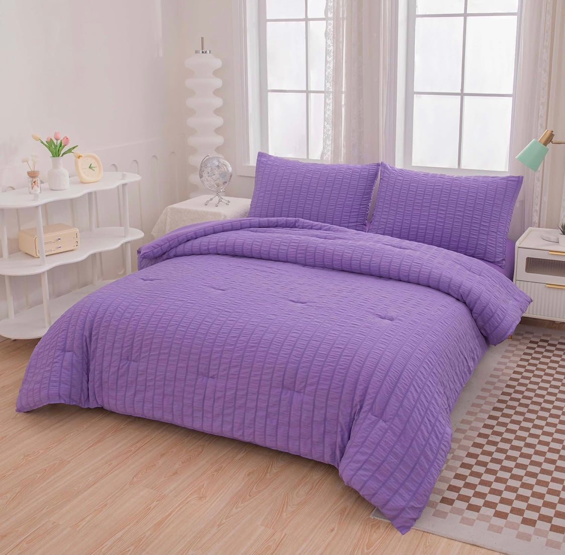 Twin Bed in a Bag Purple Seersucker Comforter Set 5-Pieces Microfiber Lightweight Comforter All Season Bedding Sets with Comforter,Flat Sheet,Fitted Sheet and Pillowcases