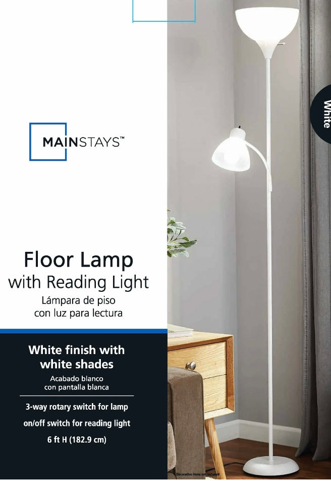 Mainstays 72" White Combo Floor Lamp With Reading Lamp, Modern Design (tested)