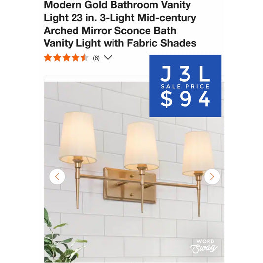 Modern Gold Bathroom Vanity Light 23 in. 3-Light Mid-century Arched Mirror Sconce Bath Vanity Light with Fabric Shades