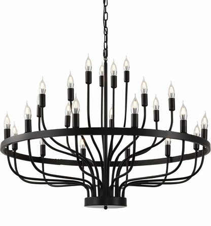 Black Chandelier 24 Light, Modern Farmhouse Chandelier for Dining Room, Round Industrial Candle Chandeliers Light, Wagon Wheel Chandelier 39in 3-Tier for Hallway, Living Room, Foyer, Island Lights