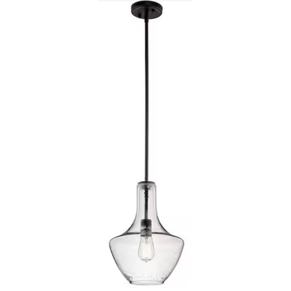 Everly 15.25 in. 1-Light Olde Bronze Transitional Shaded Kitchen Bell Pendant Hanging Light with Clear Seeded Glass