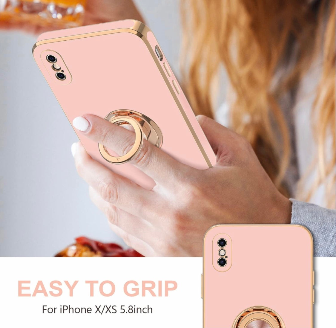 Hython for iPhone Xs Case, Phone Case iPhone X with Ring Stand, Shiny Plating Rose Gold Edge Magnetic Ring Holder Kickstand Slim Thin Soft TPU Bumper Cover Shockproof Protective Phone Cases, Pink