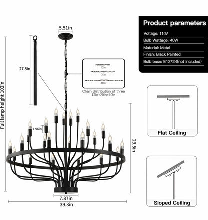 Black Chandelier 24 Light, Modern Farmhouse Chandelier for Dining Room, Round Industrial Candle Chandeliers Light, Wagon Wheel Chandelier 39in 3-Tier for Hallway, Living Room, Foyer, Island Lights