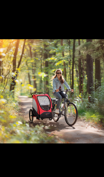 Bike Trailer for Kids 3 In1 Foldable Child Jogger Stroller Baby Stroller Transport Carrier with Shock Absorber System Rubber Tires Adjustable Handlebar Kid Bicycle Trailer Red and Grey (new in box - assembly required)