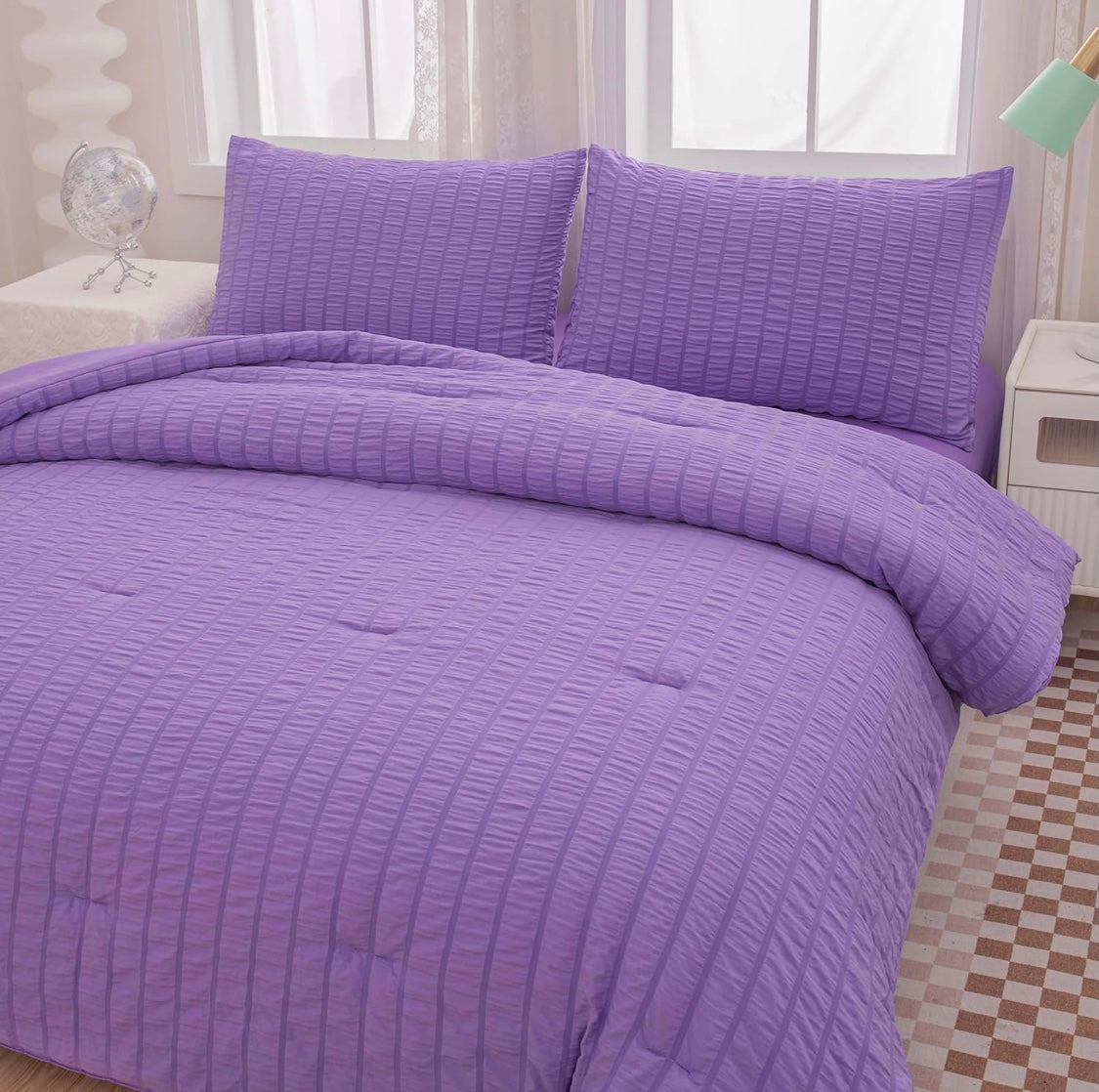 Twin Bed in a Bag Purple Seersucker Comforter Set 5-Pieces Microfiber Lightweight Comforter All Season Bedding Sets with Comforter,Flat Sheet,Fitted Sheet and Pillowcases