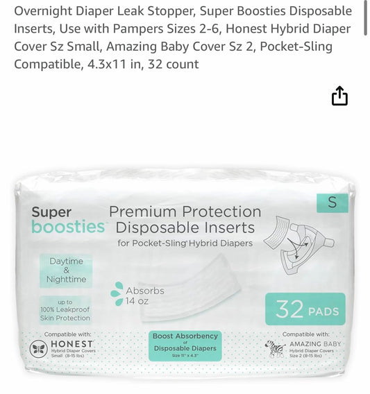 Overnight Diaper Leak Stopper, Super Boosties Disposable Inserts, Use with Pampers Sizes 2-6, Honest Hybrid Diaper Cover Sz Small, Amazing Baby Cover Sz 2, Pocket-Sling Compatible, 4.3x11 in, 32 count