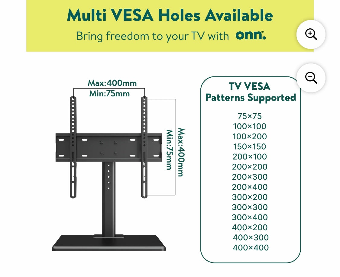 onn. Swivel TV Base for 32" to 65" TV's, up to 35° Swivel (missing screws for anti-slip strap)