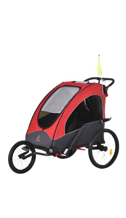 Bike Trailer for Kids 3 In1 Foldable Child Jogger Stroller Baby Stroller Transport Carrier with Shock Absorber System Rubber Tires Adjustable Handlebar Kid Bicycle Trailer Red and Grey (new in box - assembly required)