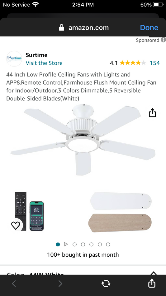 44 Inch Low Profile Ceiling Fans with Lights and APP&Remote Control,Farmhouse Flush Mount Ceiling Fan for Indoor/Outdoor,3 Colors Dimmable,5 Reversible Double-Sided Blades(White - missing down rod)