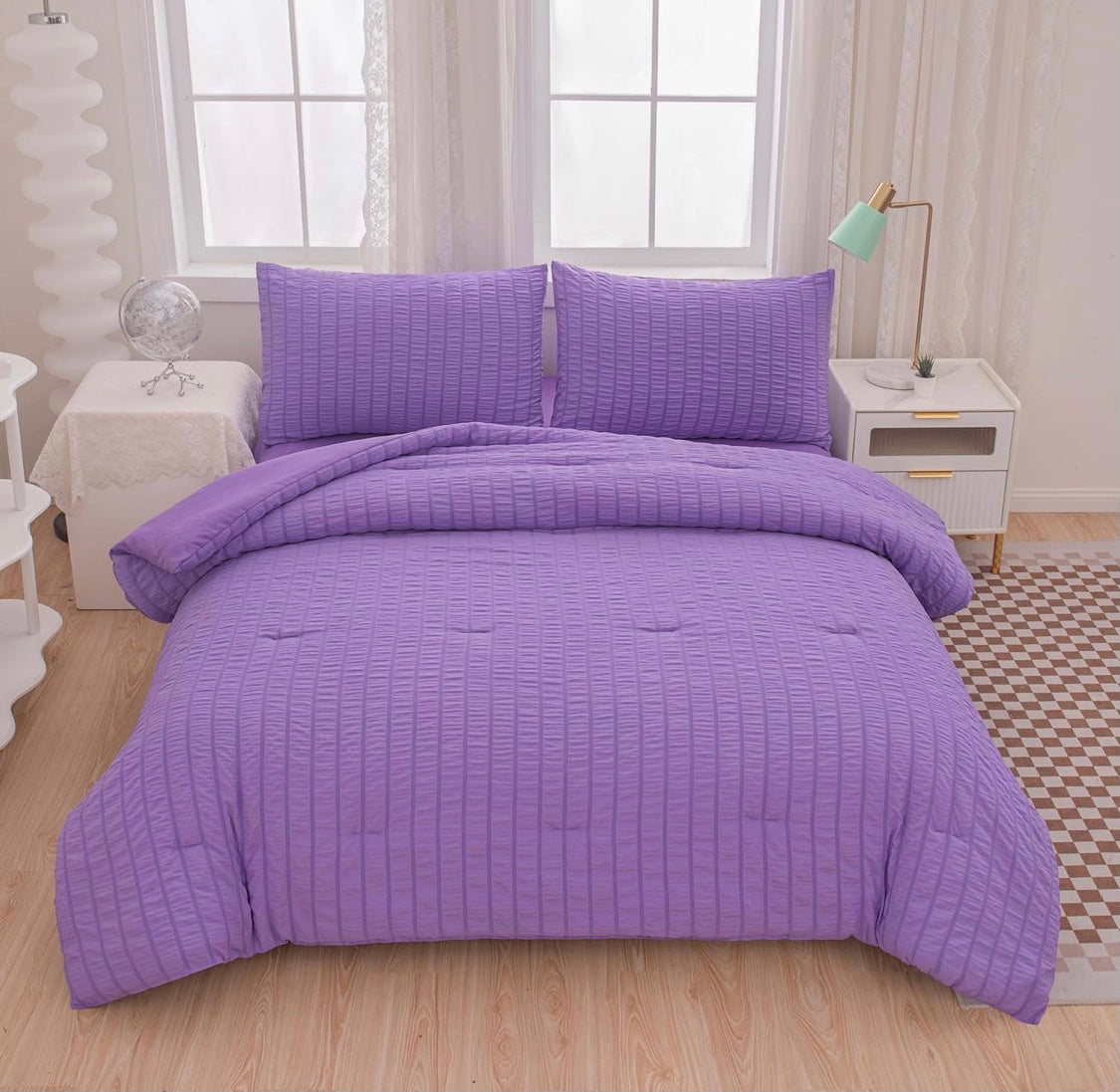 Twin Bed in a Bag Purple Seersucker Comforter Set 5-Pieces Microfiber Lightweight Comforter All Season Bedding Sets with Comforter,Flat Sheet,Fitted Sheet and Pillowcases