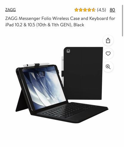 ZAGG Messenger Folio Wireless Case and Keyboard for iPad 10.2 & 10.5 (10th & 11th GEN), Black