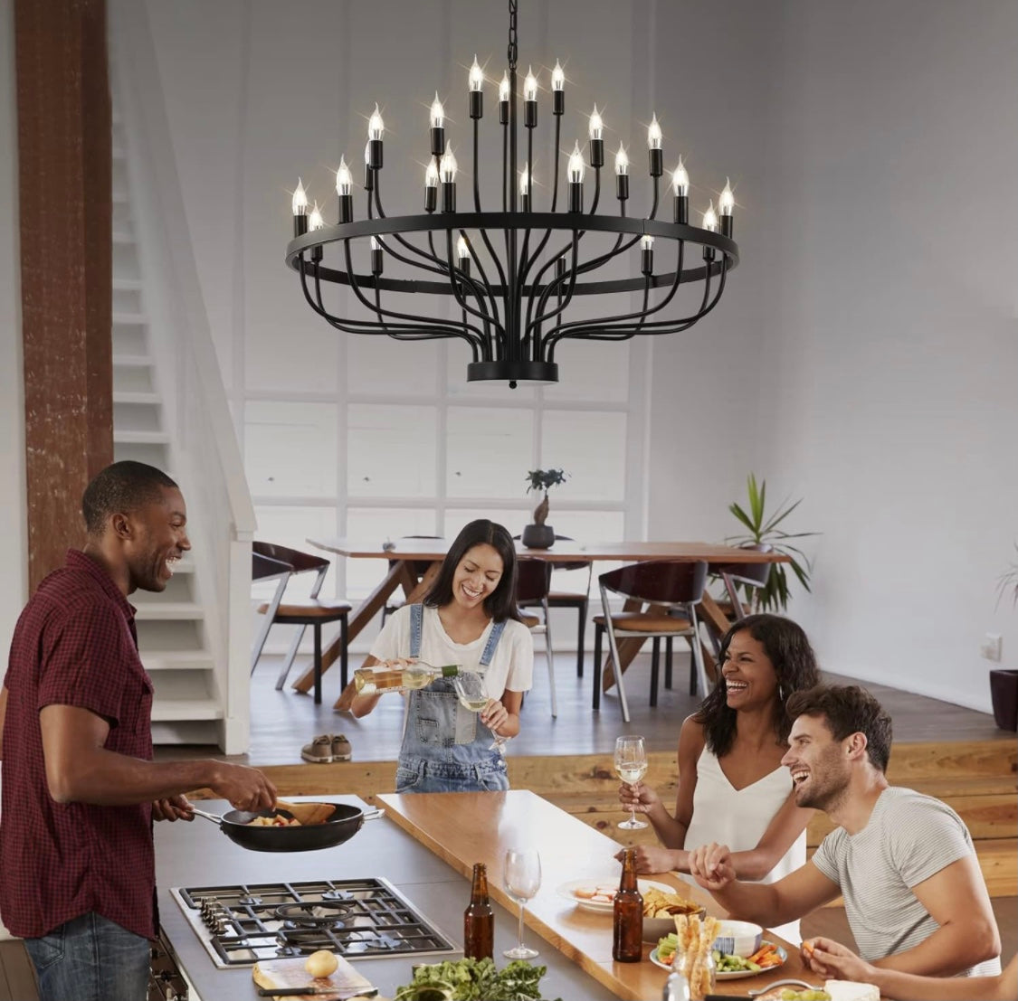 Black Chandelier 24 Light, Modern Farmhouse Chandelier for Dining Room, Round Industrial Candle Chandeliers Light, Wagon Wheel Chandelier 39in 3-Tier for Hallway, Living Room, Foyer, Island Lights