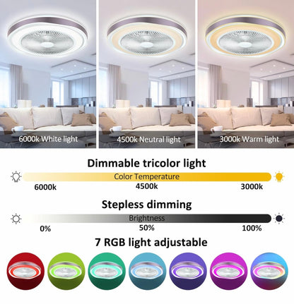 Bladeless Ceiling Fan,20.8" Enclosed Ceiling Fan with Light,7-Color RGB Ceiling Fan with APP Control and Music Speaker,6 Speeds Low Profile Ceiling Fan for Bedroom Living Room Party