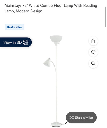 Mainstays 72" White Combo Floor Lamp With Reading Lamp, Modern Design (tested)