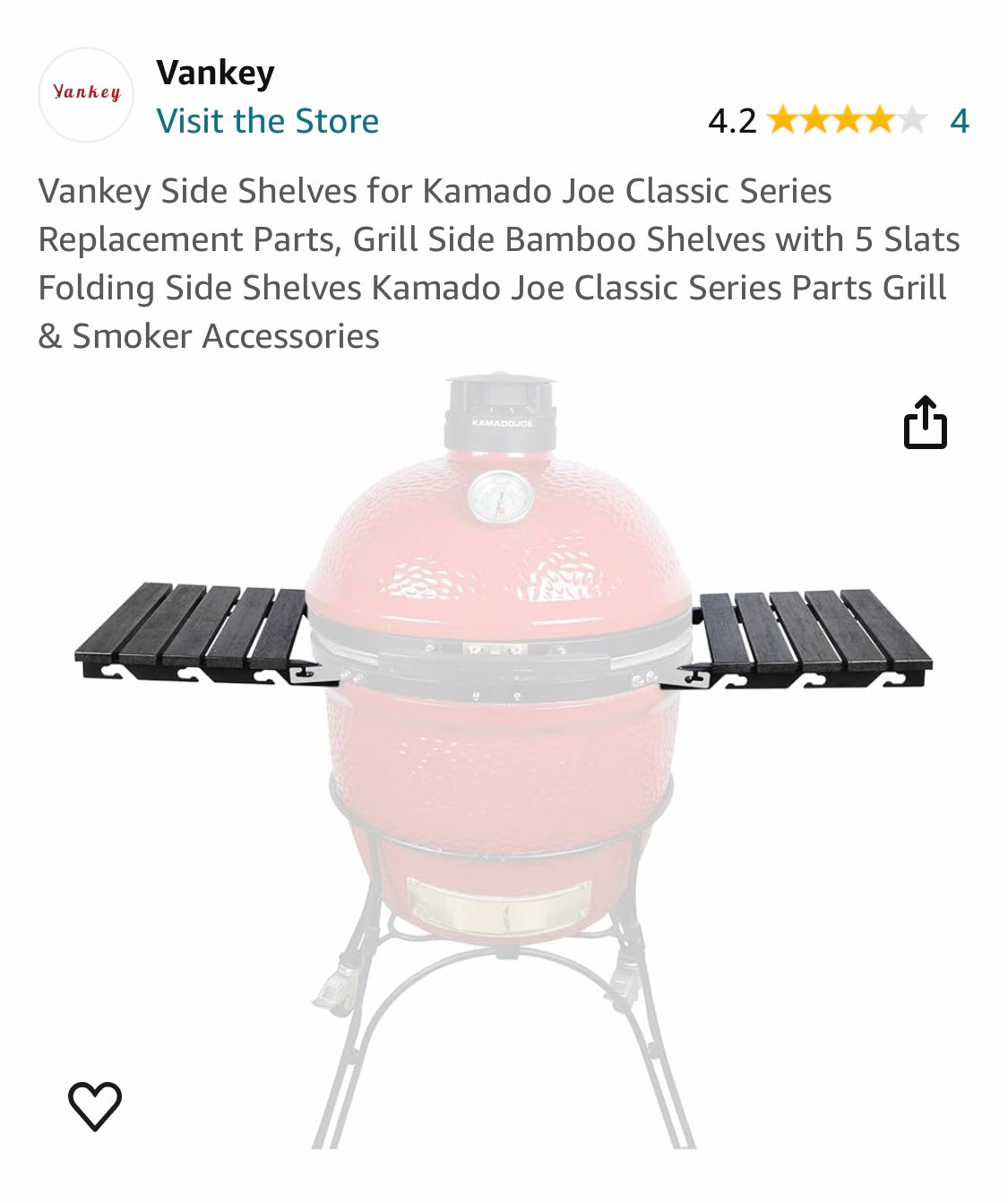 Vankey Side Shelves for Kamado Joe Classic Series Replacement Parts, Grill Side Bamboo Shelves with 5 Slats Folding Side Shelves Kamado Joe Classic Series Parts Grill & Smoker Accessories