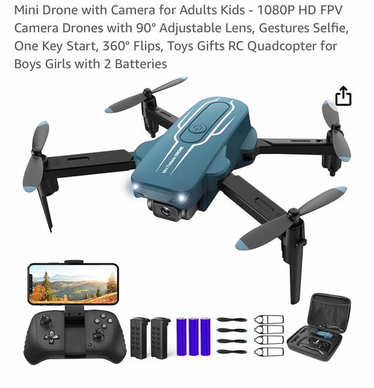 Mini Drone with Camera for Adults Kids - 1080P HD FPV Camera Drones with 90° Adjustable Lens, Gestures Selfie, One Key Start, 360° Flips, Toys Gifts RC Quadcopter for Boys Girls with 2 Batteries (tested/missing plastic piece as shown in photo)