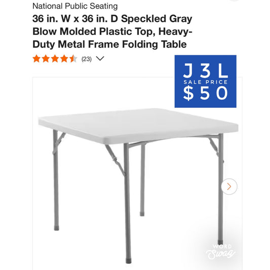 36 In. W x 36 in. D Speckled Gray Blow Molded Plastic Top, Heavy-Duty Metal Frame Folding Table