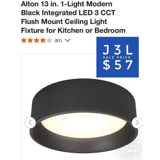 Alton 13 in. 1-Light Modern Black Integrated LED 3 CCT Flush Mount Ceiling Light Fixture for Kitchen or Bedroom