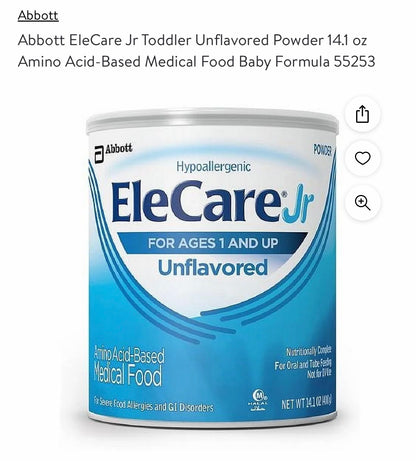 Abbott EleCare Jr Toddler Unflavored Powder 14.1 oz Amino Acid-Based Medical Food Baby Formula 55253