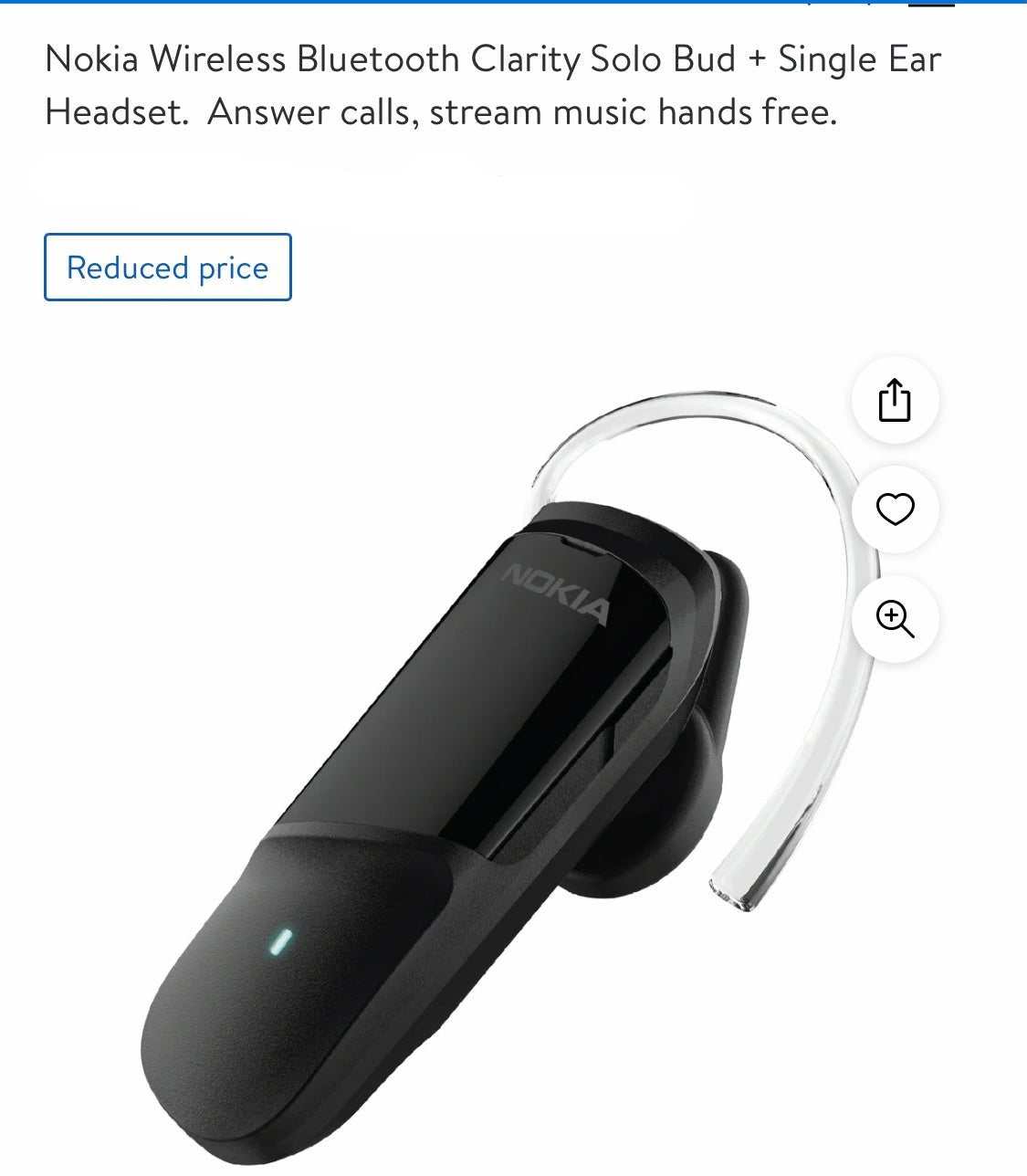 Nokia Wireless Bluetooth Clarity Solo Bud + Single Ear Headset.  Answer calls, stream music hands free.