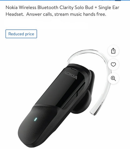 Nokia Wireless Bluetooth Clarity Solo Bud + Single Ear Headset.  Answer calls, stream music hands free.