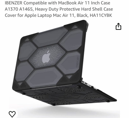 IBENZER Compatible with MacBook Air 11 Inch Case A1370 A1465, Heavy Duty Protective Hard Shell Case Cover for Apple Laptop Mac Air 11, Black, HA11CYBK