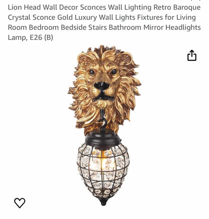 Lion Head Wall Decor Sconces Wall Lighting Retro Baroque Crystal Sconce Gold Luxury Wall Lights Fixtures for Living Room Bedroom Bedside Stairs Bathroom Mirror Headlights Lamp, E26 (B)