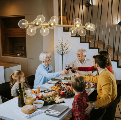 Dining Room Chandelier Over Table, Mid Century Modern Chandelier, 16-Light Gold Linear Chandeliers for Dining Room, Dining Room Light Fixture with Transparent Glass Globe Lampshade