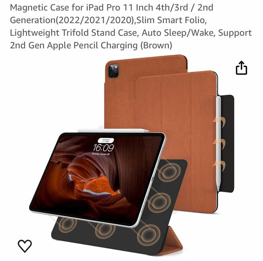 Magnetic Case for iPad Pro 11 Inch 4th/3rd / 2nd Generation(2022/2021/2020),Slim Smart Folio, Lightweight Trifold Stand Case, Auto Sleep/Wake, Support 2nd Gen Apple Pencil Charging (Brown)