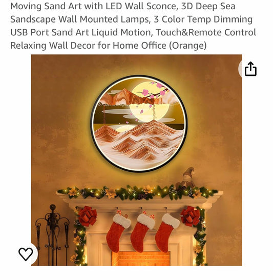 Moving Sand Art with LED Wall Sconce, 3D Deep Sea Sandscape Wall Mounted Lamps, 3 Color Temp Dimming USB Port Sand Art Liquid Motion, Touch&Remote Control Relaxing Wall Decor for Home Office (Orange)