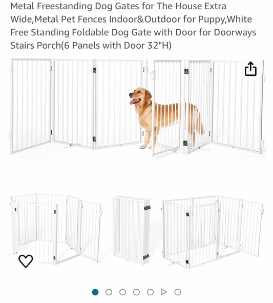 Metal Freestanding Dog Gates for The House Extra Wide,Metal Pet Fences Indoor&Outdoor for Puppy,White Free Standing Foldable Dog Gate with Door for Doorways Stairs Porch(6 Panels with Door 32"H)