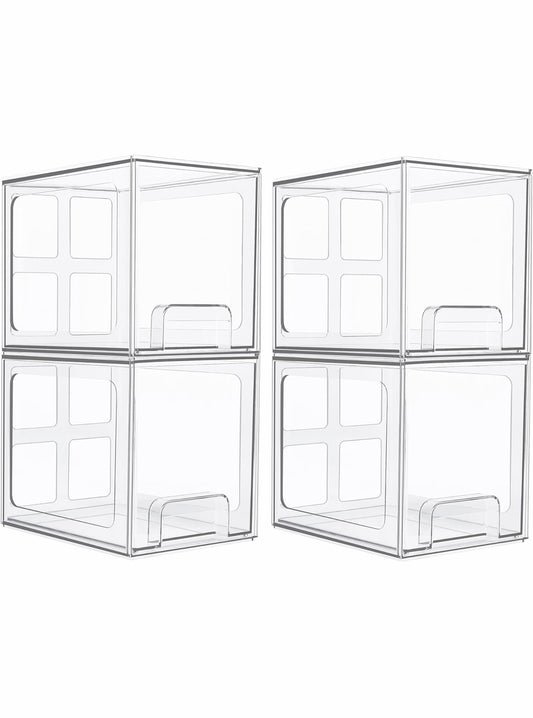 4 Pack Stackable Storage Drawers, 6.6''Tall Acrylic Bathroom Makeup Organizers,Clear Plastic Storage Bins For Vanity, Undersink, Kitchen Cabinet,Pantry Organization and Storage