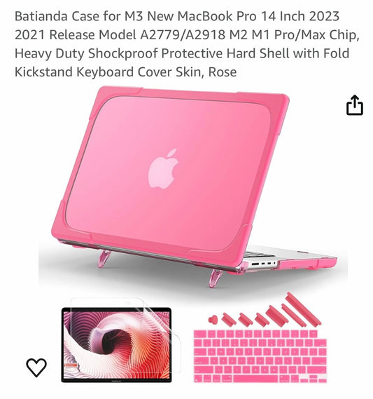 Batianda Case for M3 New MacBook Pro 14 Inch 2023 2021 Release Model A2779/A2918 M2 M1 Pro/Max Chip, Heavy Duty Shockproof Protective Hard Shell with Fold Kickstand Keyboard Cover Skin, Rose