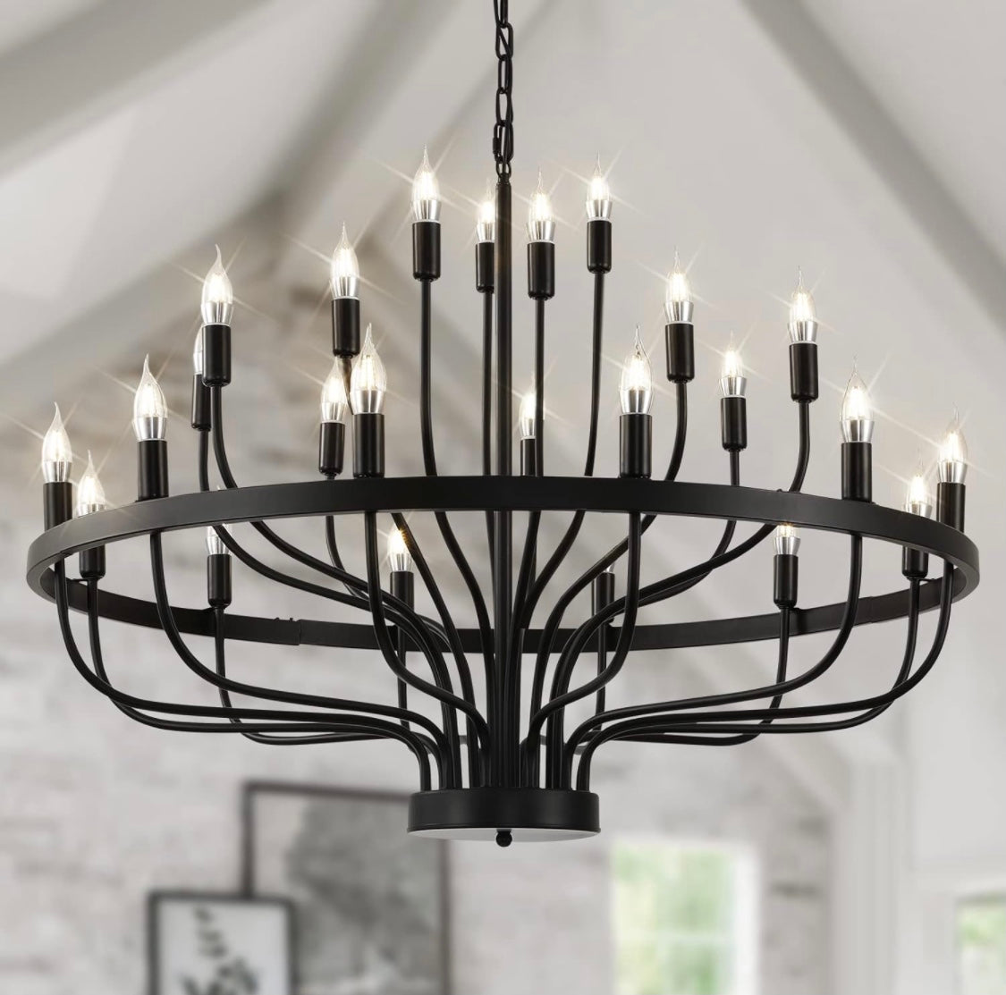 Black Chandelier 24 Light, Modern Farmhouse Chandelier for Dining Room, Round Industrial Candle Chandeliers Light, Wagon Wheel Chandelier 39in 3-Tier for Hallway, Living Room, Foyer, Island Lights