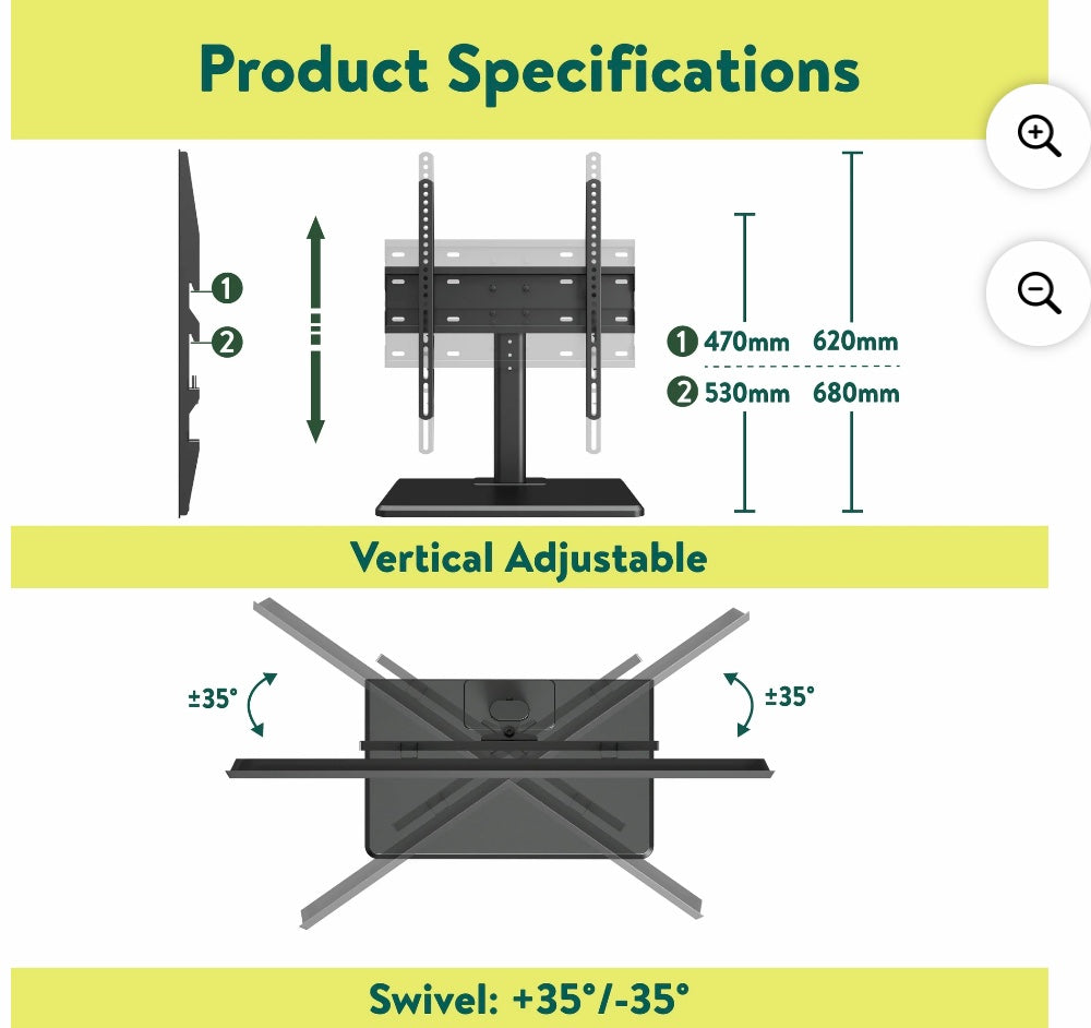 onn. Swivel TV Base for 32" to 65" TV's, up to 35° Swivel (missing screws for anti-slip strap)