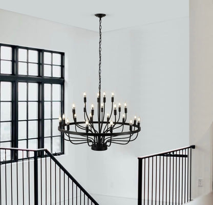 Black Chandelier 24 Light, Modern Farmhouse Chandelier for Dining Room, Round Industrial Candle Chandeliers Light, Wagon Wheel Chandelier 39in 3-Tier for Hallway, Living Room, Foyer, Island Lights