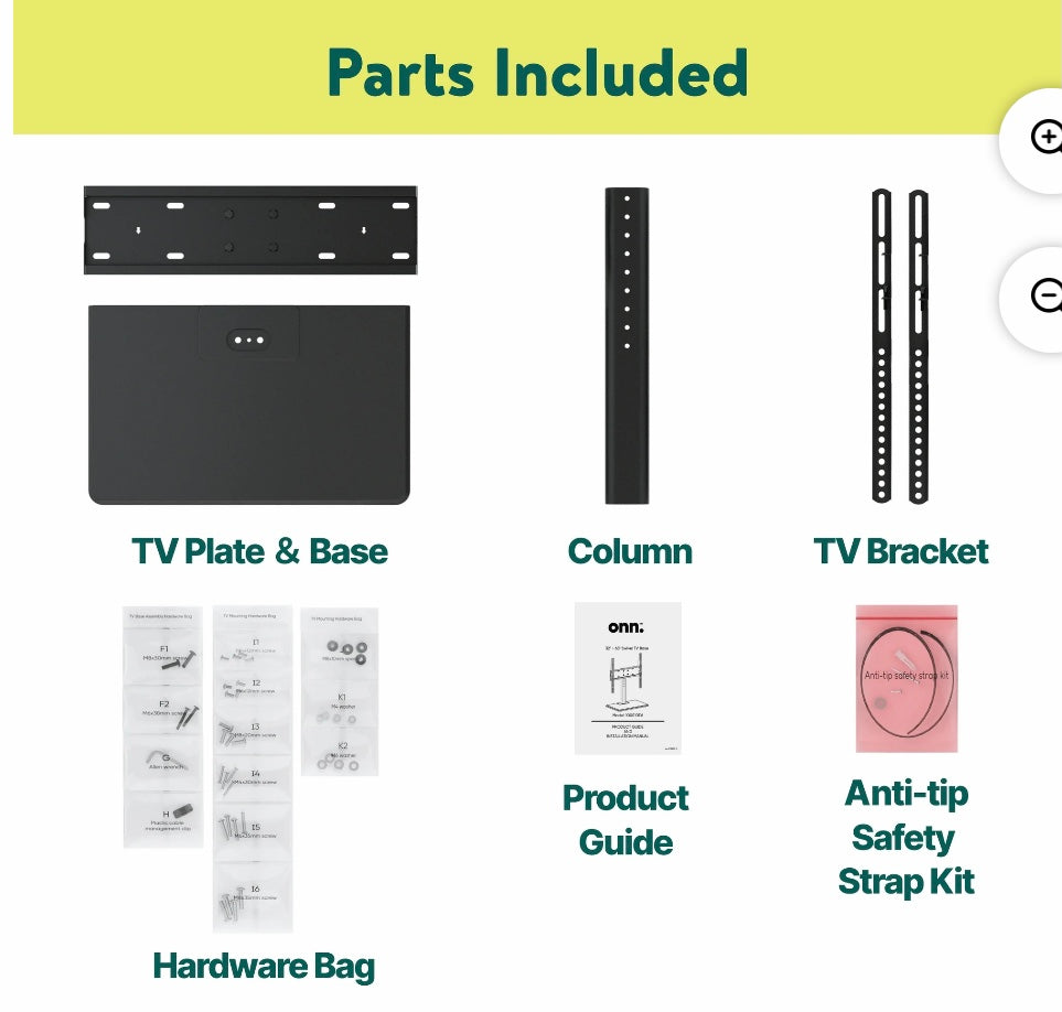 onn. Swivel TV Base for 32" to 65" TV's, up to 35° Swivel (missing screws for anti-slip strap)