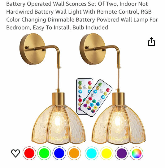 Battery Operated Wall Sconces Set Of Two, Indoor Not Hardwired Battery Wall Light With Remote Control, RGB Color Changing Dimmable Battery Powered Wall Lamp For Bedroom, Easy To Install, Bulb Included